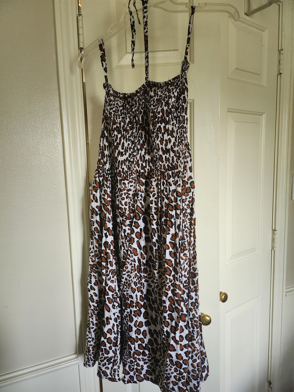 Smocked Leopard-Print Maxi Dress in Brown/White